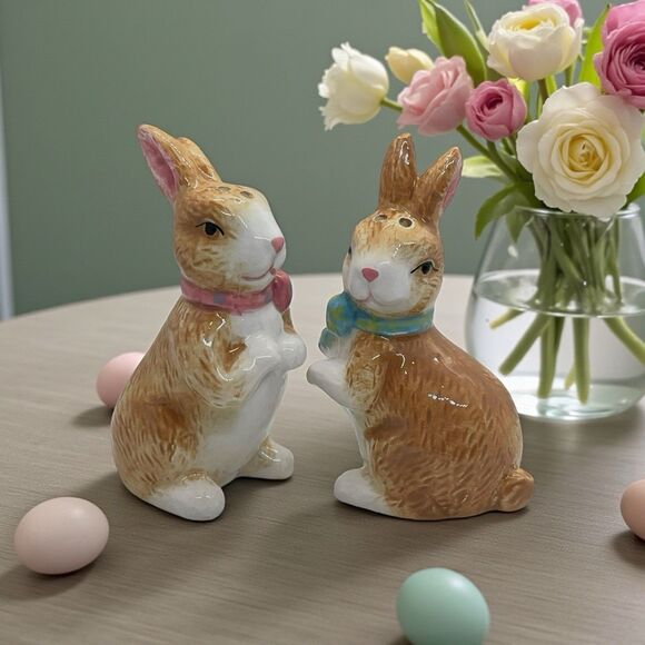 Vintage Brown Bunnies with Pink & Blue Bow around Neck Salt and Pepper Shakers - Picture 1 of 16